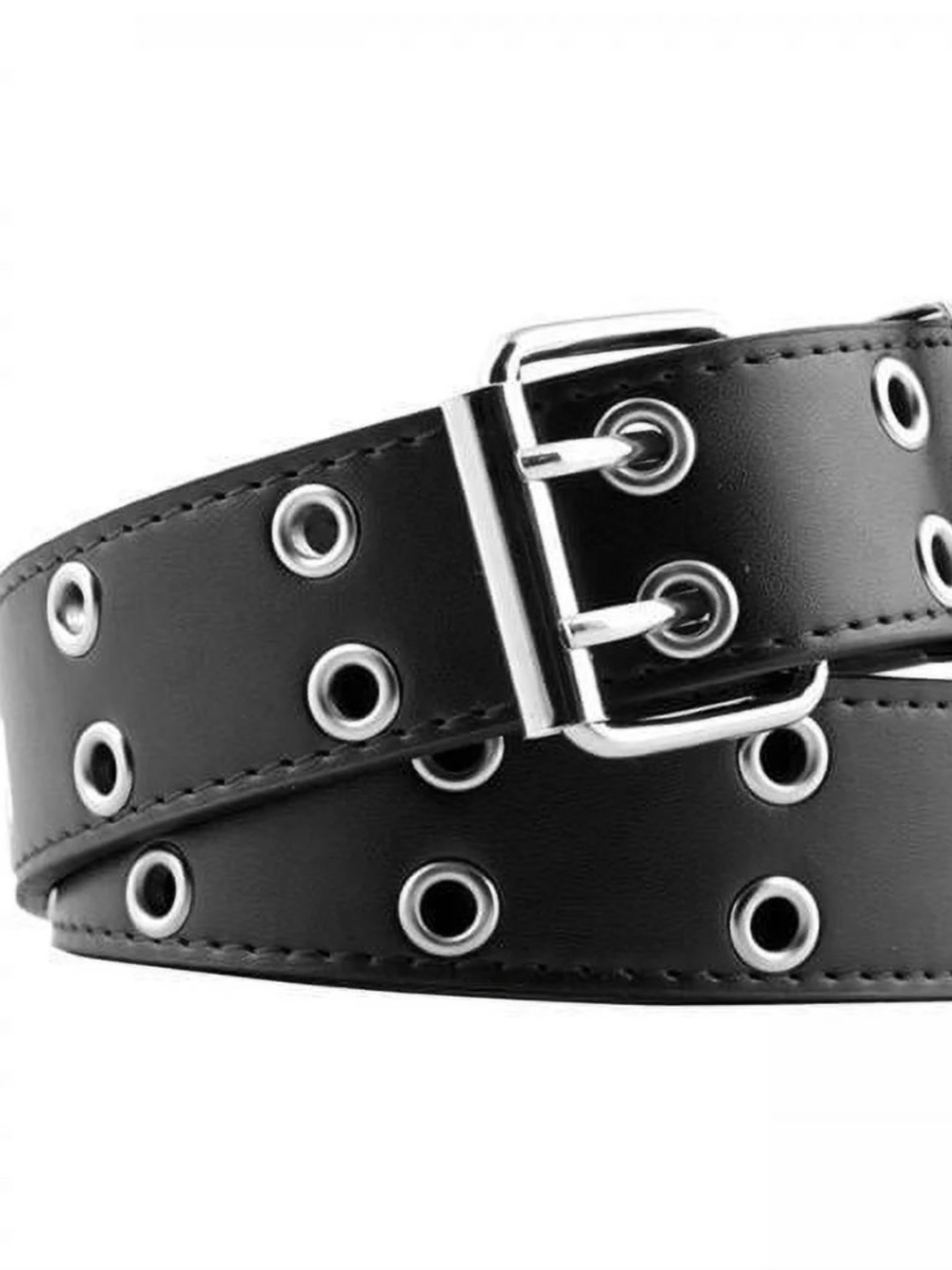 Time and Tru Black Faux Leather Belt with Silver-Tone Double Prong Buckle